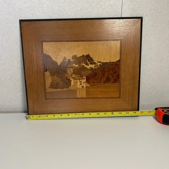 Vintage "Lake Geneva" Castle of Chillon Handmade Marquetry Inlaid Wood Picture - Picture 4 of 6